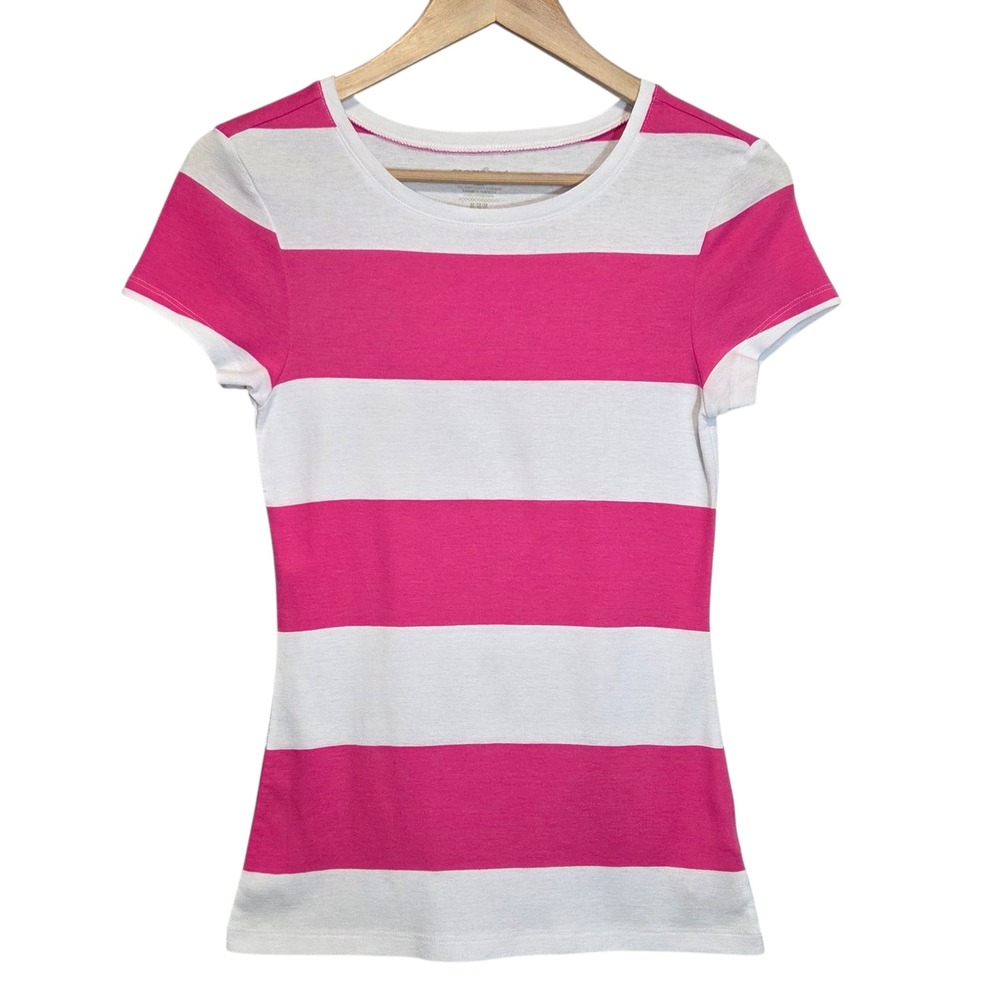 Old Navy Y2K Striped Fitted Top Size M Hot Pink Baby Tee Stretch Cotton Preppy